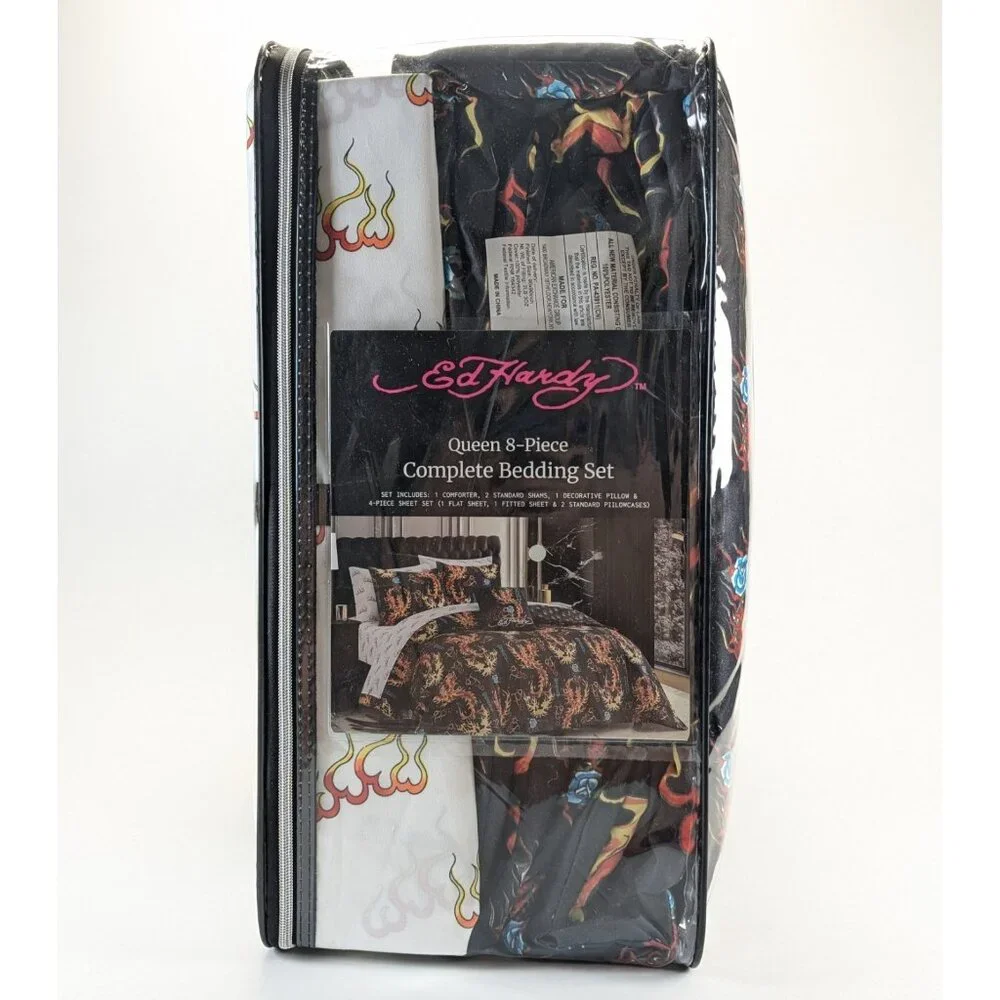 Ed Hardy Queen Roses Flames Black Comforter Set Shams, Pillow, Sheets